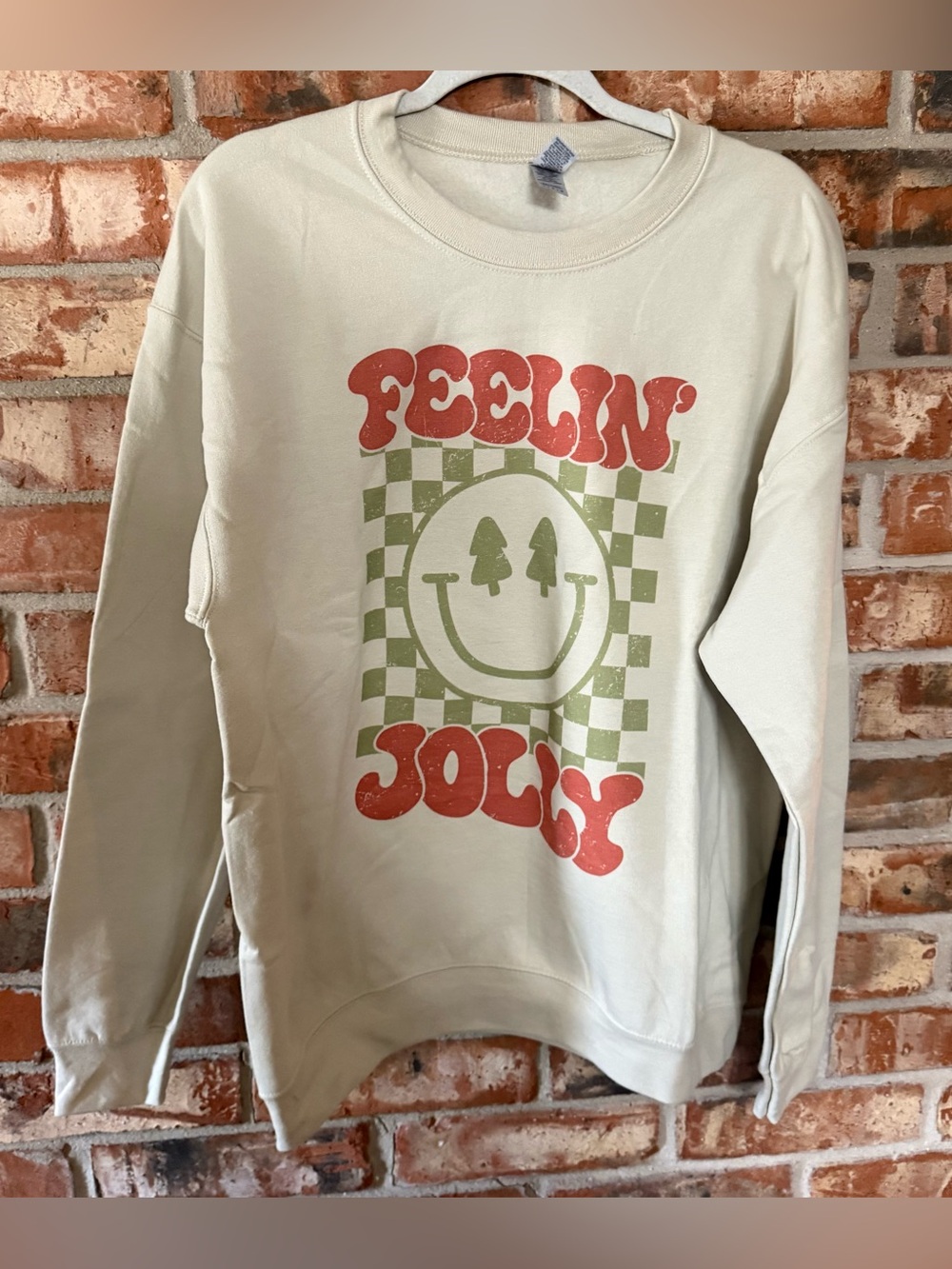 Gildan Cream Crewneck Sweatshirt with Feelin Jolly Graphic Print